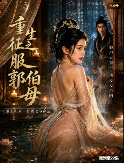古装玄幻短剧海报:浴池中的女主角与檐下观望的男子